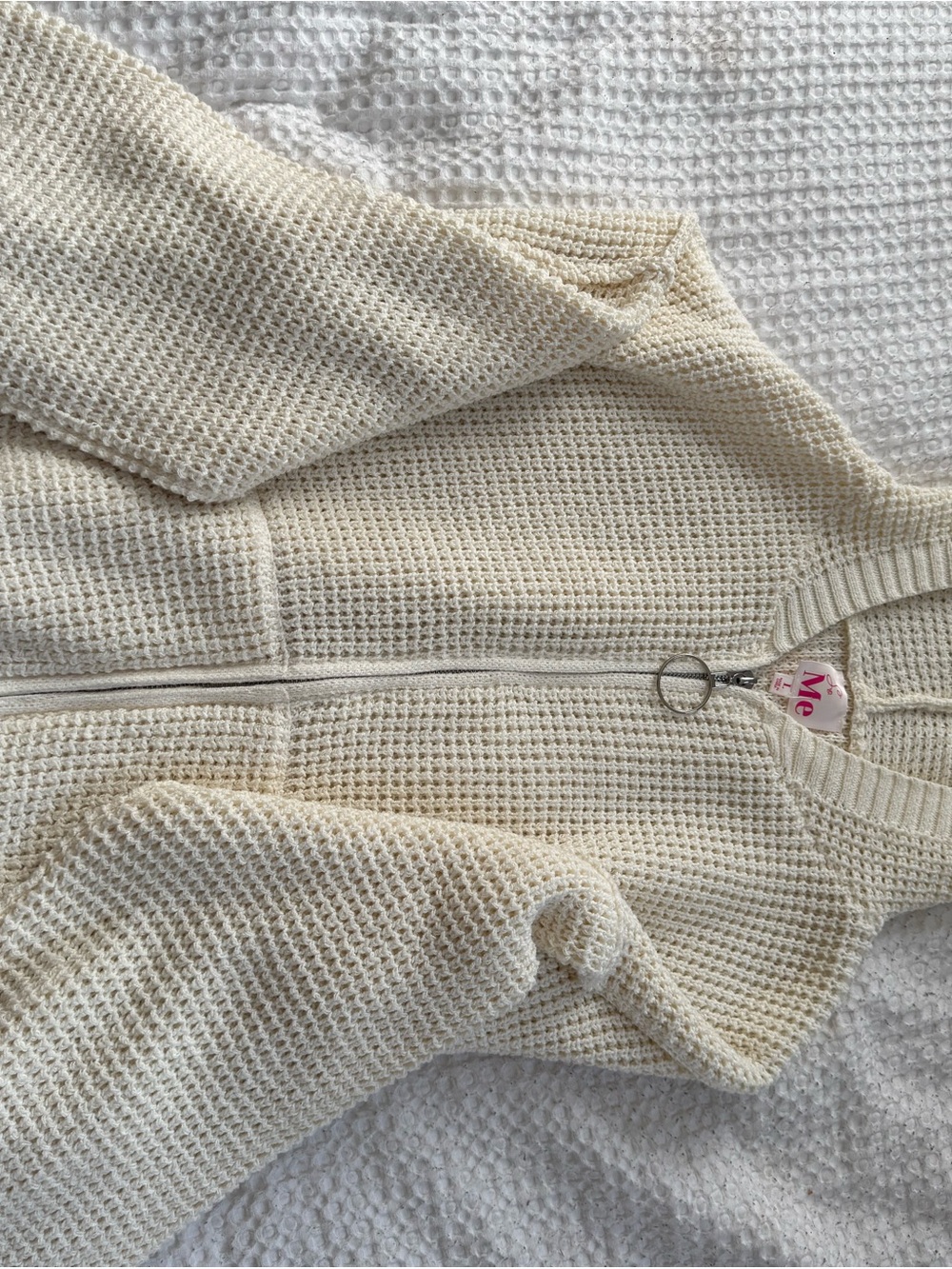 So Me Cream Waffle-Knit Zip Sweater